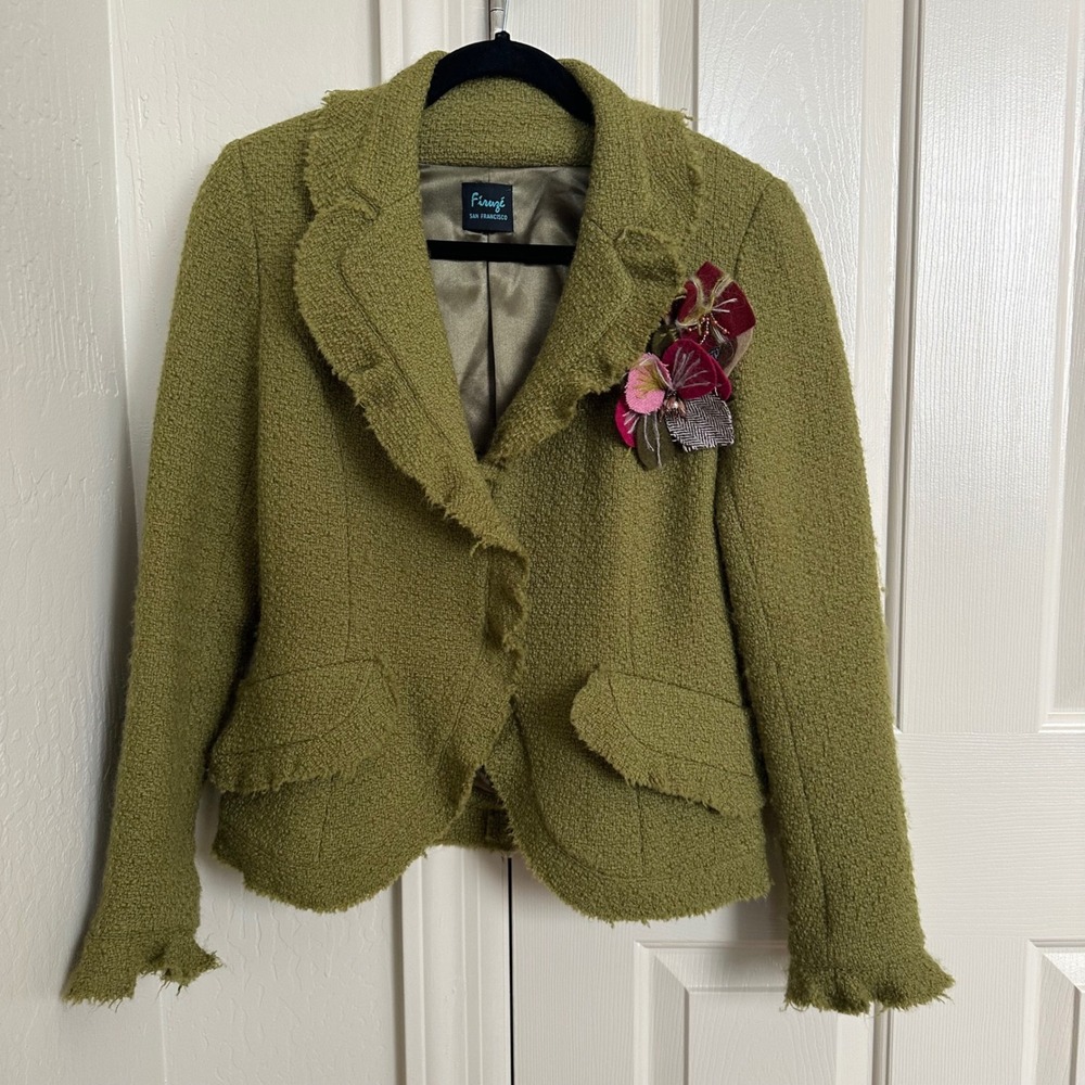 Firuze San Francisco Moss Green French Wool Tweed Blazer with Floral Brooch - 8
